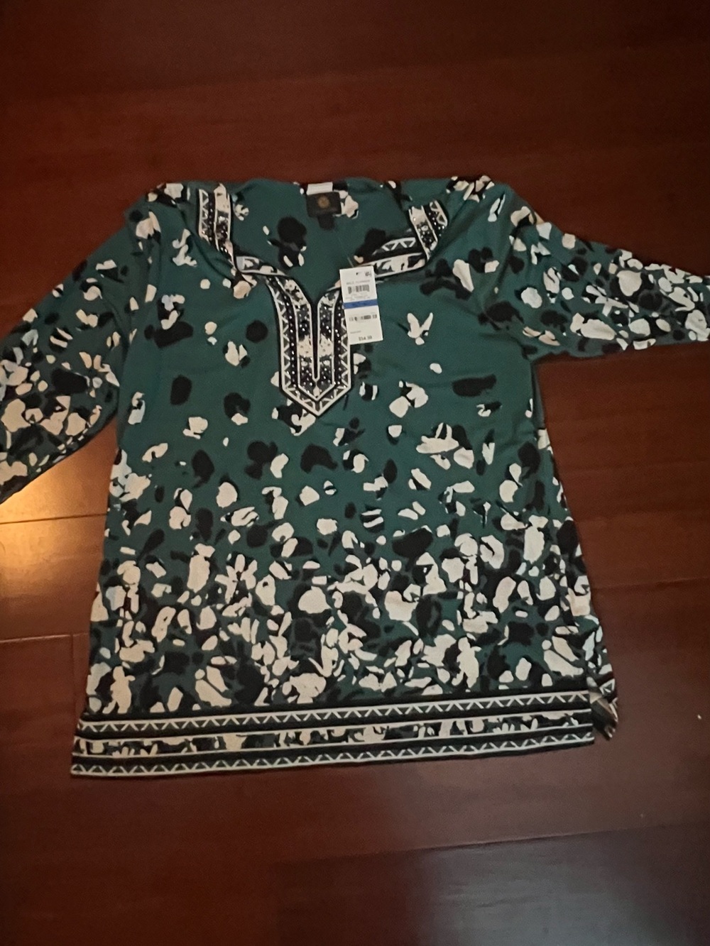 Green Printed Tunic Top with White and Black Accents